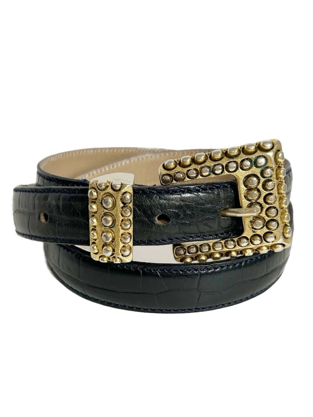 Vintage Dana Buchman Black Croc-Embossed Leather Belt Statement Studded Buckle